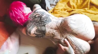 Tattooed Goth Slut takes it from behind and gets her face covered in cum