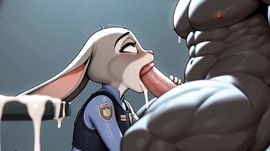 Zootopia's Judy Hopps on Her Knees Sucking Chief Bogo's Huge Bull Cock