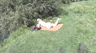 My wife sexy blonde MILF sunbathing on wild beach Random man saw, wife sucked his cock man cumshot on cheek Blowjob Naked in public Blow job Outdoors