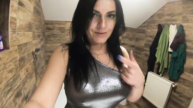 Open Pussy Jumpsuit Pee Play. Tight Outfit Tease, Big Tits and Intense Bathroom Fetish