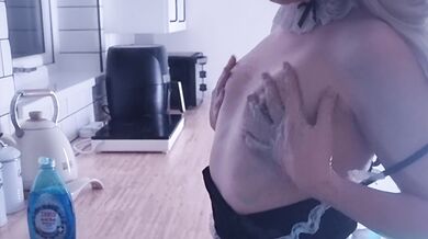 French maid cosplay wiggles bum and shows everything soapy for master