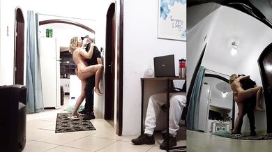 Real wife cheats on her husband while he's wearing headphones with the delivery man.