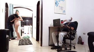 Real wife cheats on her husband while he's wearing headphones with the delivery man.