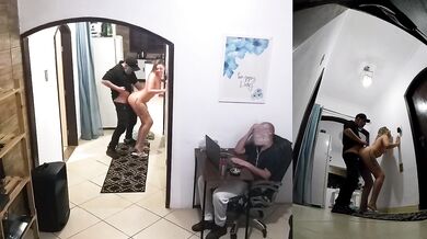 Real wife cheats on her husband while he's wearing headphones with the delivery man.