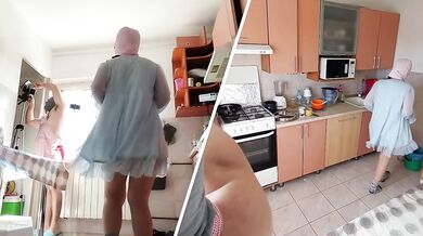 Crazy amateur couple having fun in the kitchen.
