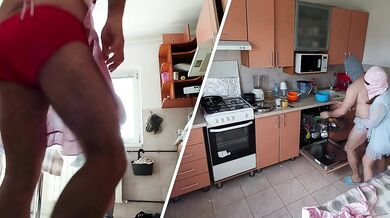 Crazy amateur couple having fun in the kitchen.