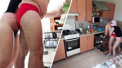 Crazy amateur couple having fun in the kitchen.