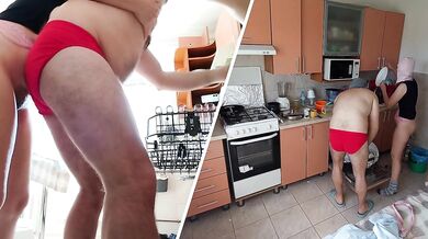 Crazy amateur couple having fun in the kitchen.