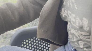 Teasing my husband in a sheer shirt exposing big pierced nipples in oudoor coffee place
