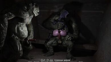 She was talking on the phone and suddenly two giant orc cocks burst into her ass and pussy
