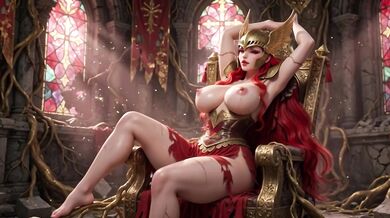 Curvy Fantasy Woman Performs Sensual Throne Routine In Revealing Armor In Decayed Ancient Ruins (AI generated)