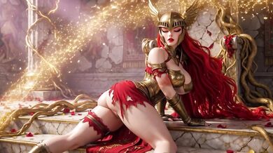 Curvy Fantasy Woman Performs Sensual Throne Routine In Revealing Armor In Decayed Ancient Ruins (AI generated)