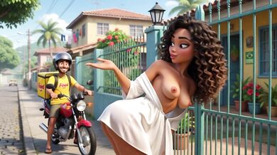 Slim Curly Brazilian Wife Gets Naked For Motoboy And Kisses Him On Sofa While Husband Watches (AI generated)
