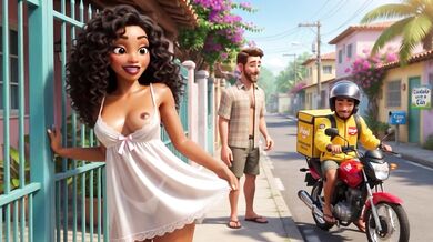 Slim Curly Brazilian Wife Gets Naked For Motoboy And Kisses Him On Sofa While Husband Watches (AI generated)