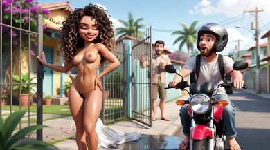 Slim Curly Brazilian Wife Gets Naked For Motoboy And Kisses Him On Sofa While Husband Watches (AI generated)