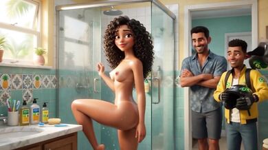 Slim Curly Brazilian Wife Gets Naked For Motoboy And Kisses Him On Sofa While Husband Watches (AI generated)