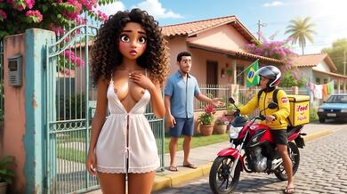 Slim Curly Brazilian Wife Gets Naked For Motoboy And Kisses Him On Sofa While Husband Watches (AI generated)