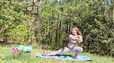 After hiking oudoor yoga in the woods