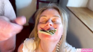 Stuffing her wet pussy with dollar bills, blowjob, handjob and facial