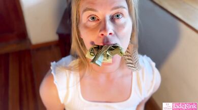 Stuffing her wet pussy with dollar bills, blowjob, handjob and facial