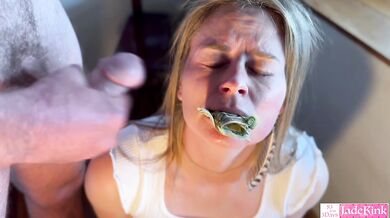 Stuffing her wet pussy with dollar bills, blowjob, handjob and facial