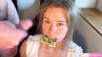 Stuffing her wet pussy with dollar bills, blowjob, handjob and facial