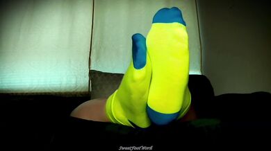 SweetFootWork Sock Lovers Delight 4 - Cum Enjoy My Bright Neon Thin Ankle Socks Stretched Over My Big Wide Size 11W Feet