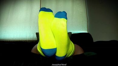 SweetFootWork Sock Lovers Delight 4 - Cum Enjoy My Bright Neon Thin Ankle Socks Stretched Over My Big Wide Size 11W Feet