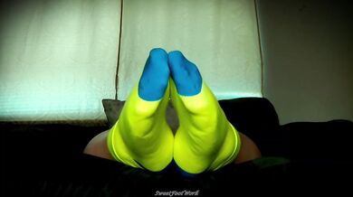 SweetFootWork Sock Lovers Delight 4 - Cum Enjoy My Bright Neon Thin Ankle Socks Stretched Over My Big Wide Size 11W Feet