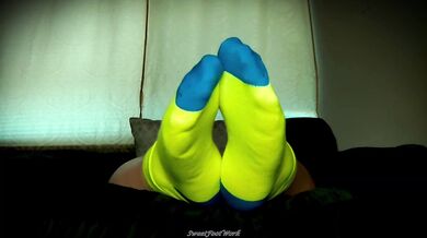 SweetFootWork Sock Lovers Delight 4 - Cum Enjoy My Bright Neon Thin Ankle Socks Stretched Over My Big Wide Size 11W Feet