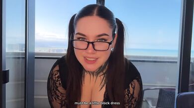 Stepsister in little black dress and stockings dance striptease, ride and squirt on stepbrother's face