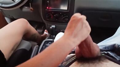 Masturbating my neighbor until he spills his cum on my high heels after pumping car pedals