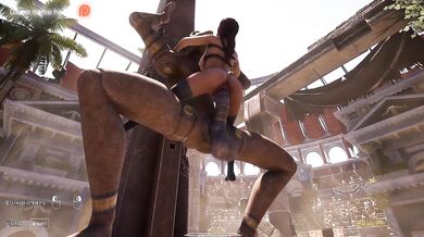 It was difficult, but Lara Croft's pussy was able to sit on the giant penis of the awakened statue. 3D Animation Game. part 2