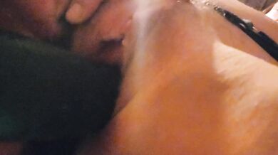 Hubby using my big blue dildo on me