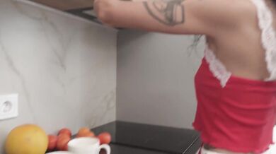 Skinny Bitch woke me up with a juicy blowjob and hot sex in the kitchen