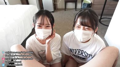 Japanese girls in loungewear gives a guy a handjob while drooling.