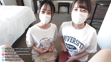 Japanese girls in loungewear gives a guy a handjob while drooling.