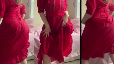 Thick girlfriend in a red dress