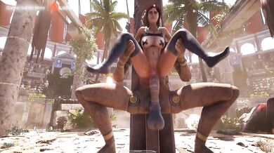 3D animation from the game where Lara Croft tests the huge penis of a mechanized statue with her pussy. part 2