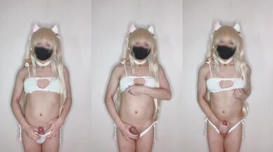cute femboy cat cosplayer squirts her juices