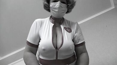 Mature BBW nurse with shaved pussy and big natural tits