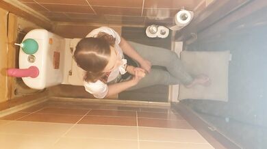 Dominatrix girl in the toilet without mercy fucked strapon her slave man in the ass
