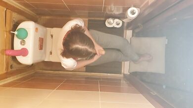 Dominatrix girl in the toilet without mercy fucked strapon her slave man in the ass