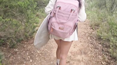 Hot girl has sex in the jungle in public and receives a cumshot in her mouth