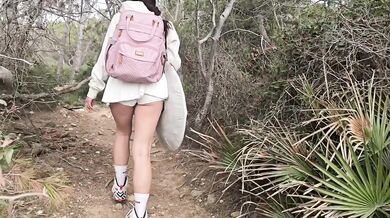 Hot girl has sex in the jungle in public and receives a cumshot in her mouth