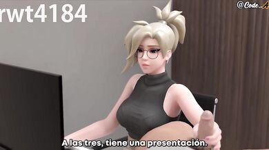 Mercy gets fucked and receives a creamy creampie [Spanish subtitle]