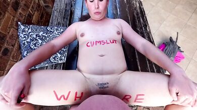 CHUBBY SLUT with SMALL TITS gets a CREAMPIE outdoors with BODY WRITING