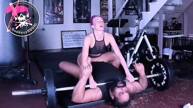 Femdom Fucking MY Gym Bitch - GoddessBBGRL Toys With a BBC While He's Pinned Under Her Barbell
