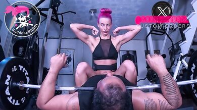 Femdom Fucking MY Gym Bitch - GoddessBBGRL Toys With a BBC While He's Pinned Under Her Barbell