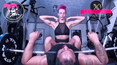 Femdom Fucking MY Gym Bitch - GoddessBBGRL Toys With a BBC While He's Pinned Under Her Barbell